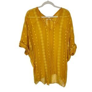 ZOA New York Silk Blouse Medium Mustard Yellow Embroidered Peasant Sheer Top